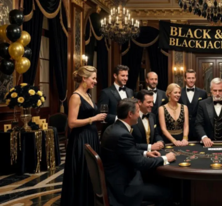 Soirée blackjack Black & Gold avec tenue élégante et décoration casino