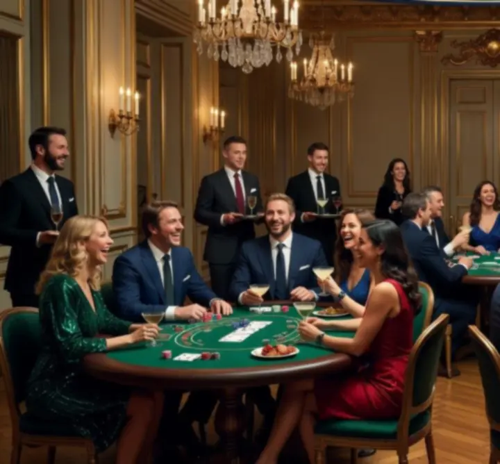 Invités échangeant autour de tables de jeu lors d'une soirée casino conviviale