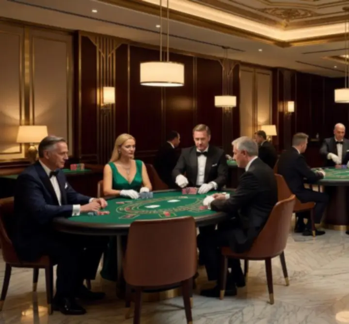 Ambiance casino moderne avec tables de poker et lumière tamisée